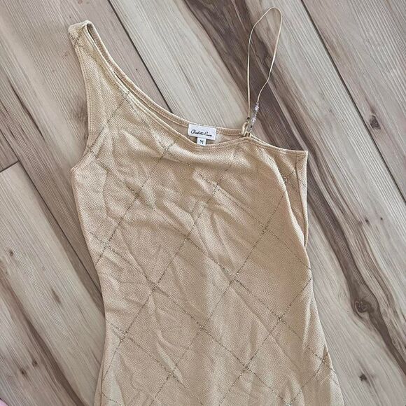 Vintage y2k 90s Charlotte Russe Size M Tan Gold Assymetrical Maxi Bodycon Slit - Picture 4 of 7